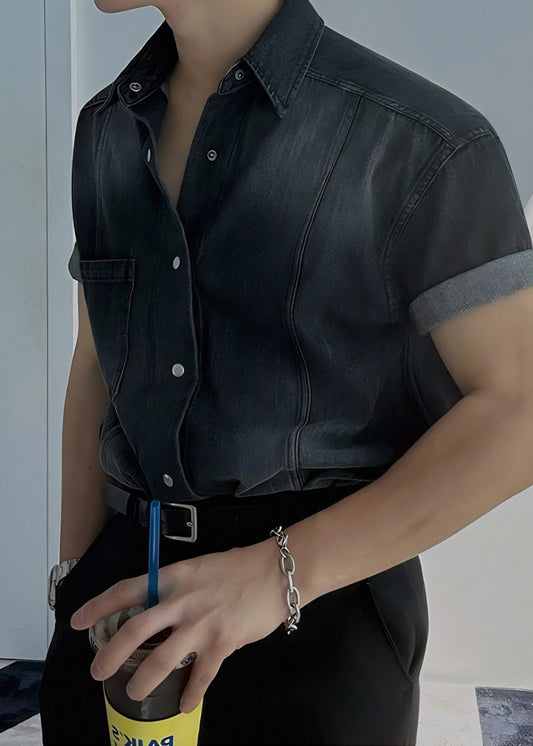 Retro Washed Short Sleeve Denim Shirt for Men