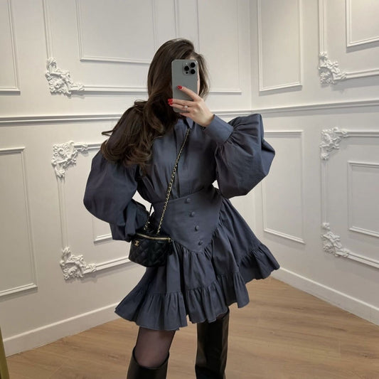 Elegant Ruffle Long Sleeve Shirt + Mini Skirt Set