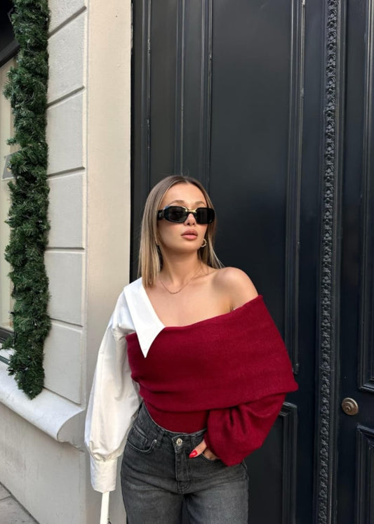 Color-block Off-Shoulder Knit Sweater