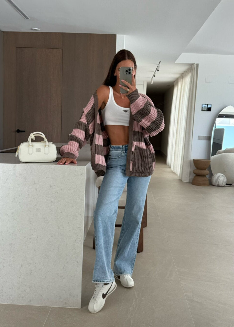 Striped Oversized Knit Cardigan with Pockets