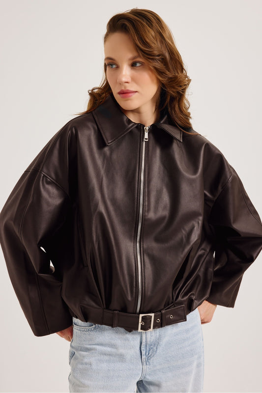 Oversized Faux Leather Jacket for Women