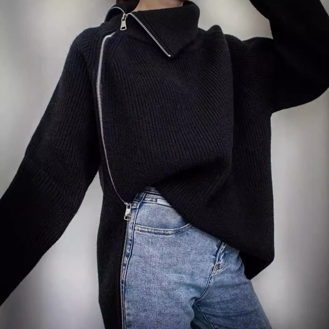 Lazy Turtleneck Double Zipper Sweater