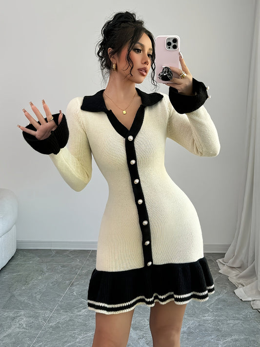 Knit Ruffle Trim Long-Sleeve V-Neck Dress