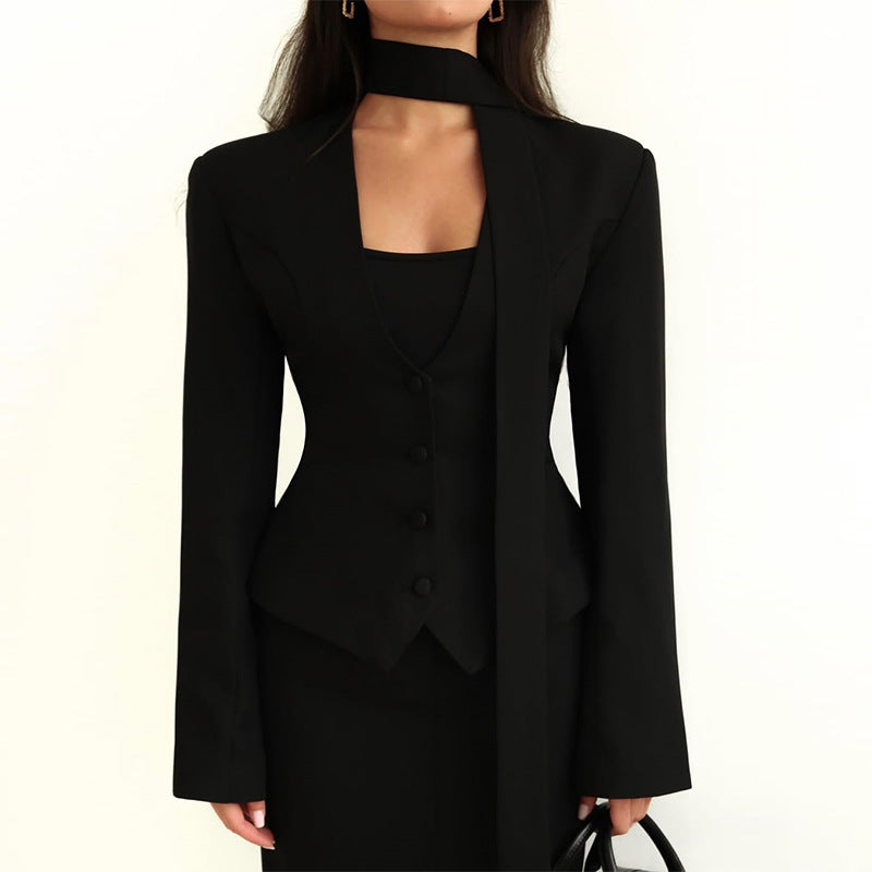 V-Neck Padded Shoulder Cropped Blazer