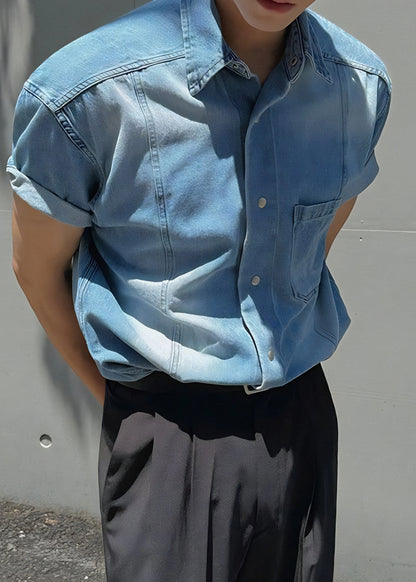 Retro Washed Short Sleeve Denim Shirt for Men