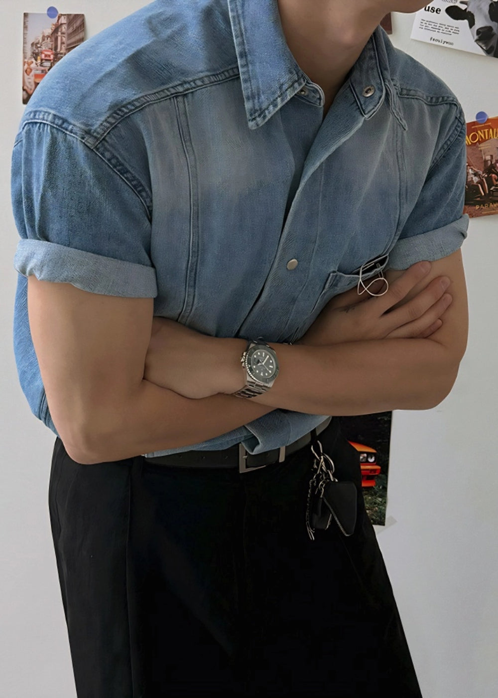 Retro Washed Short Sleeve Denim Shirt for Men