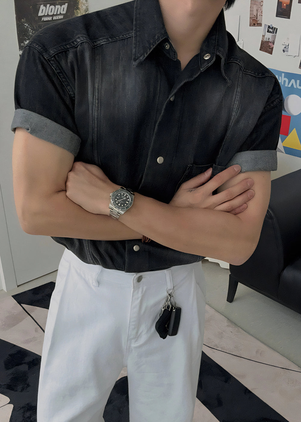 Retro Washed Short Sleeve Denim Shirt for Men