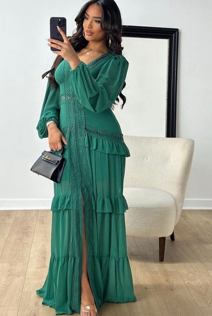 V - neck flounced maxi dress