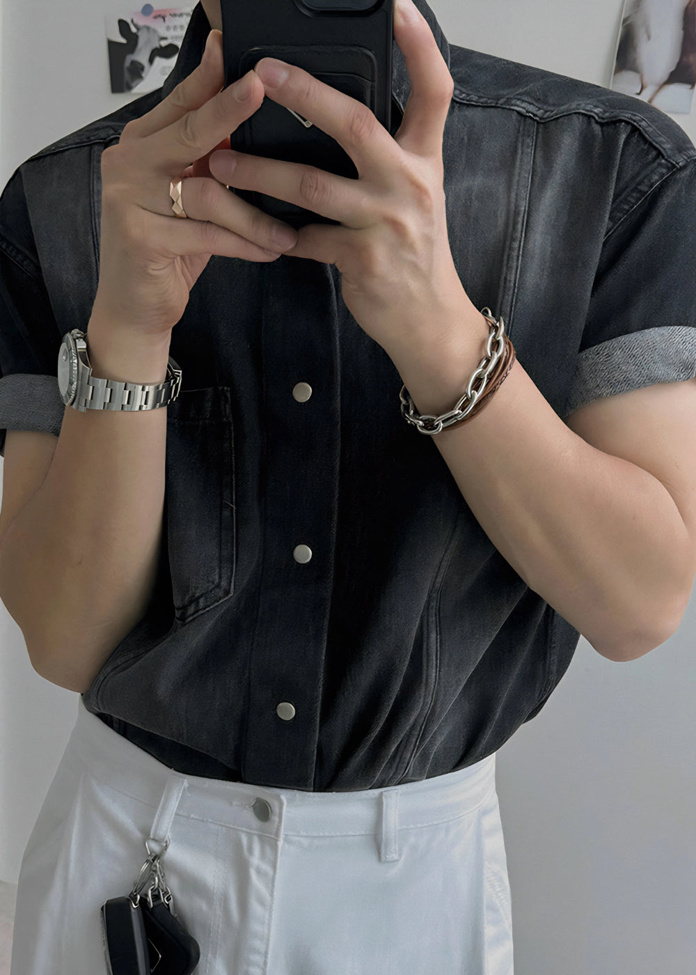 Retro Washed Short Sleeve Denim Shirt for Men