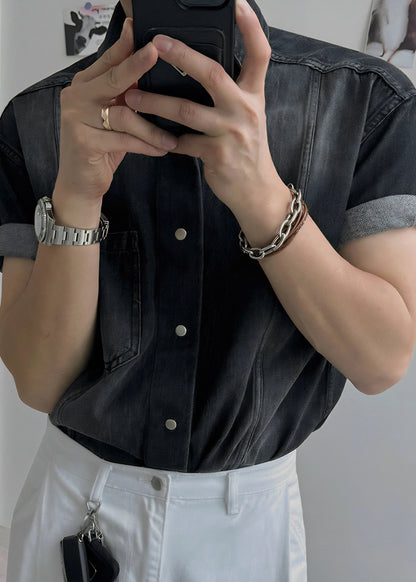 Retro Washed Short Sleeve Denim Shirt for Men