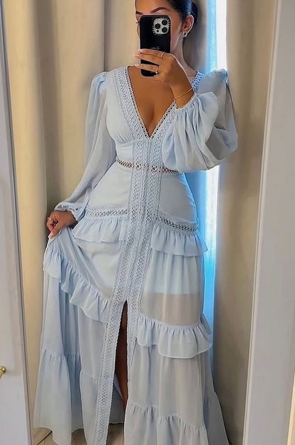 V - neck flounced maxi dress