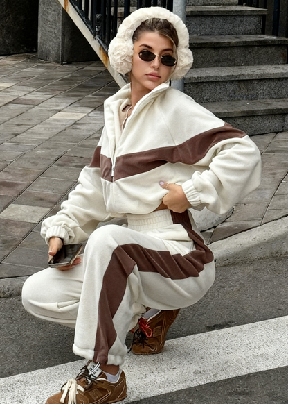 Street Style Color Block Tracksuit Set for Women (Zip Jacket + Jogger Pants)