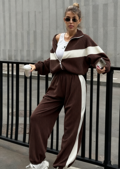 Street Style Color Block Tracksuit Set for Women (Zip Jacket + Jogger Pants)