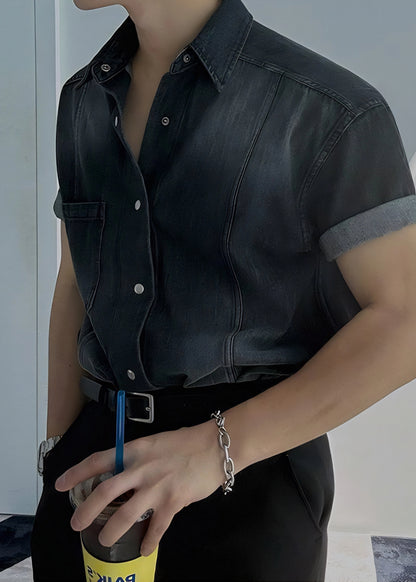 Retro Washed Short Sleeve Denim Shirt for Men