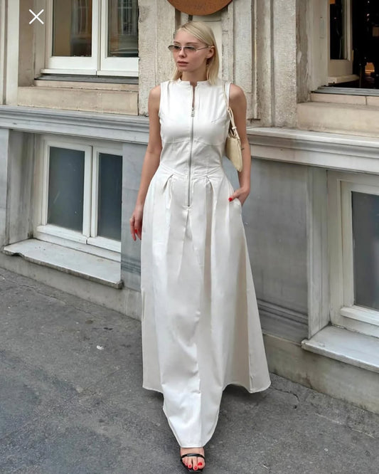 Minimalist Sleeveless Zip Closure Midi Dress