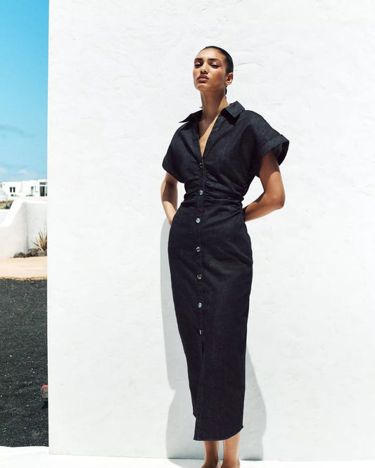 Single-button slim-fit denim dress