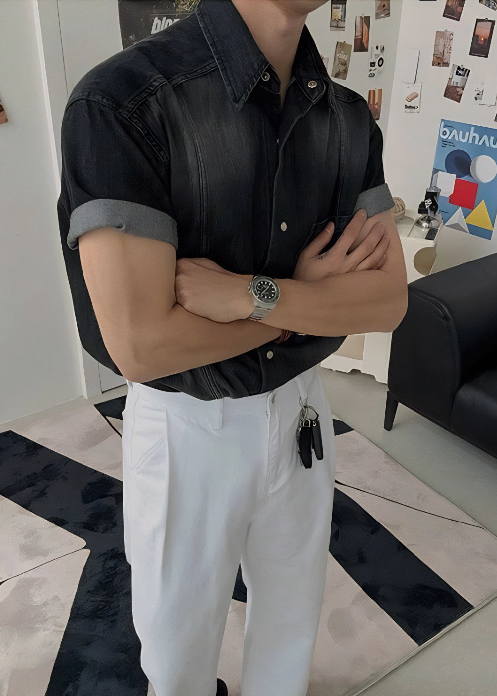 Retro Washed Short Sleeve Denim Shirt for Men