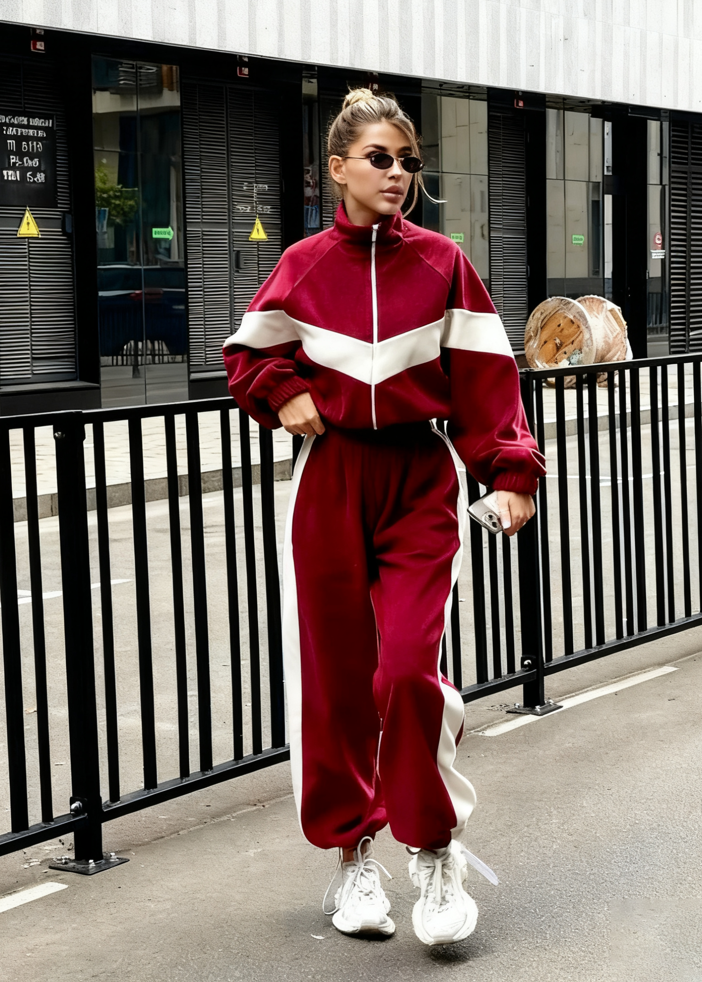 Street Style Color Block Tracksuit Set for Women (Zip Jacket + Jogger Pants)