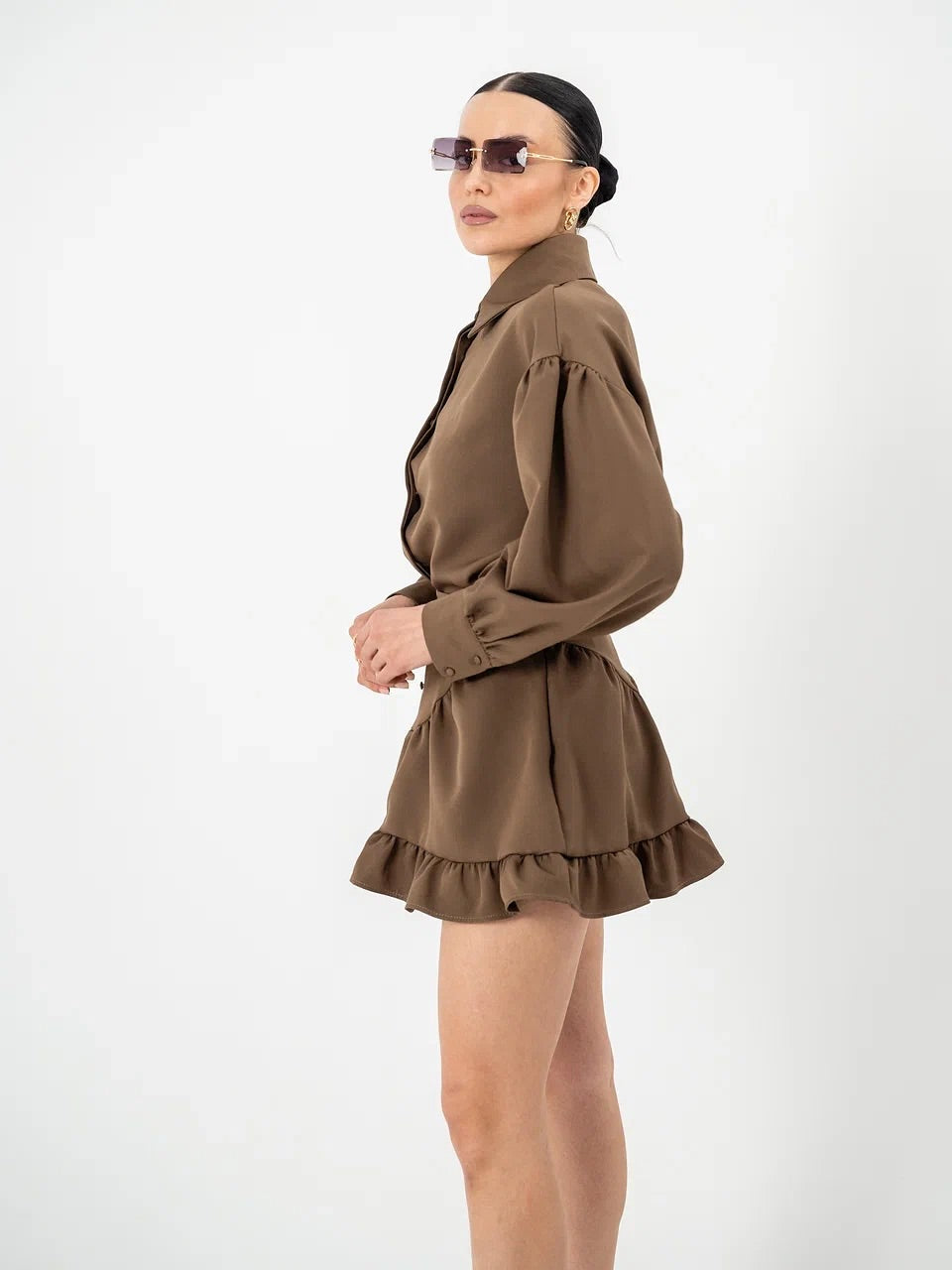 Elegant Ruffle Long Sleeve Shirt + Mini Skirt Set