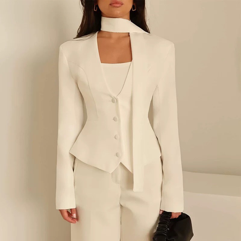 V-Neck Padded Shoulder Cropped Blazer
