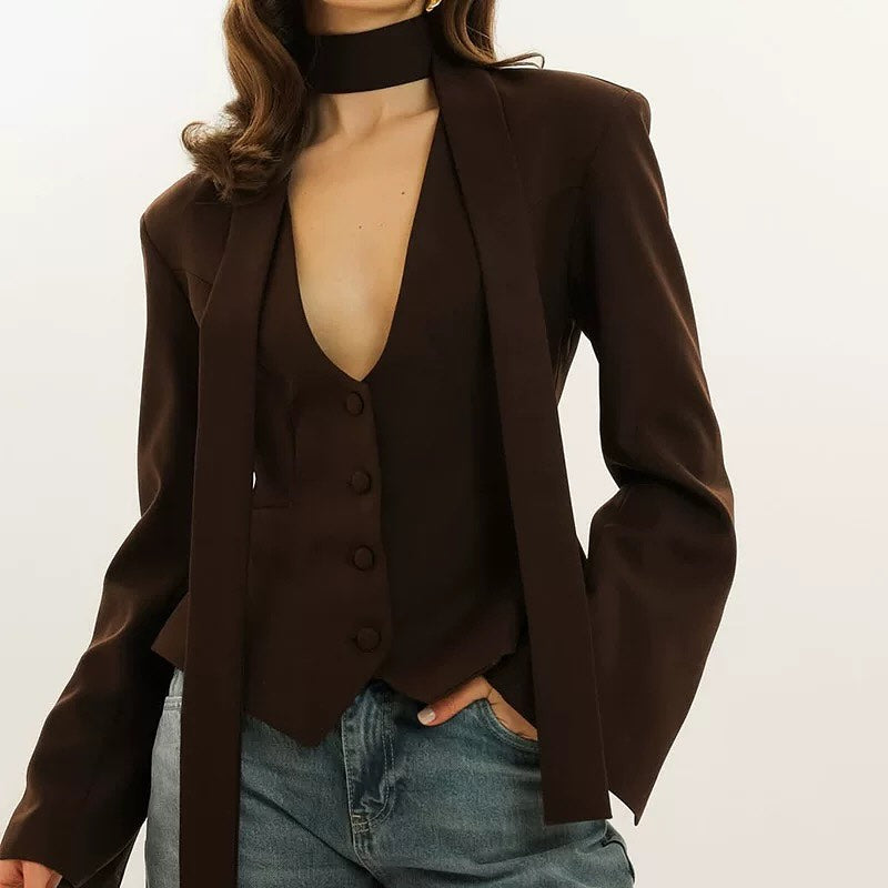 V-Neck Padded Shoulder Cropped Blazer