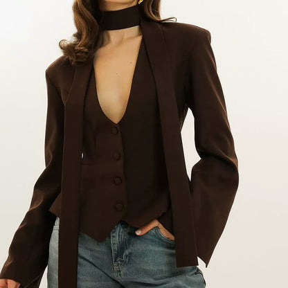 V-Neck Padded Shoulder Cropped Blazer