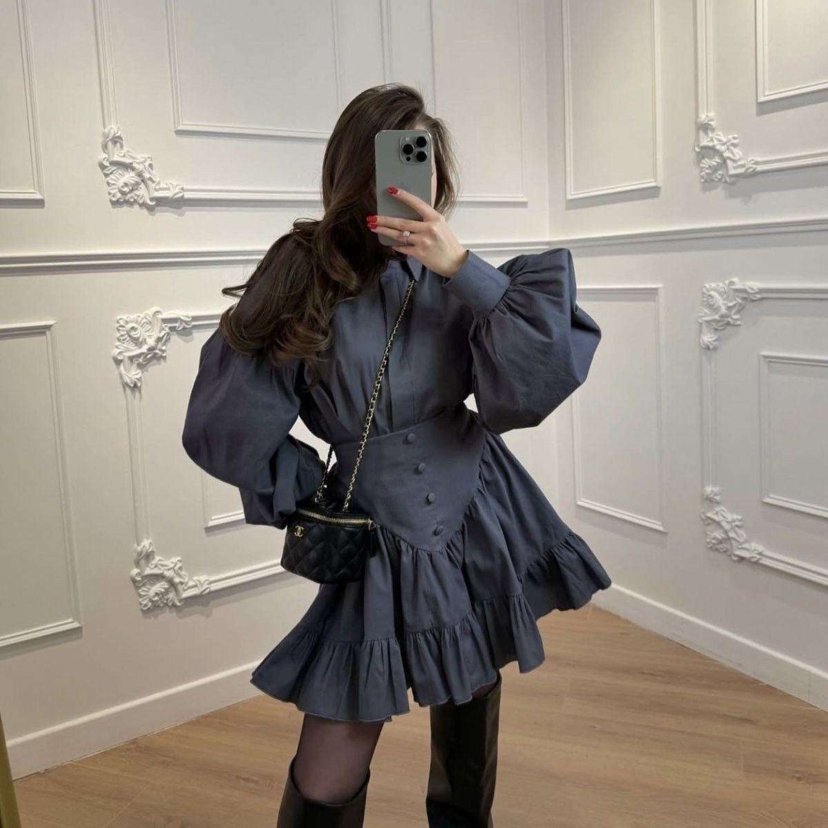 Elegant Ruffle Long Sleeve Shirt + Mini Skirt Set