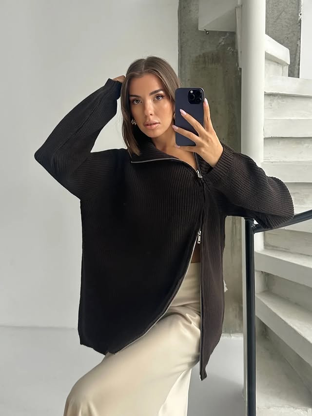 Lazy Turtleneck Double Zipper Sweater