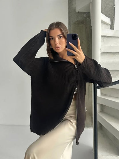 Lazy Turtleneck Double Zipper Sweater