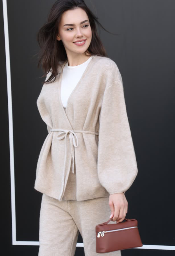 V-Neck Lantern Sleeve Cardigan + Pants Set