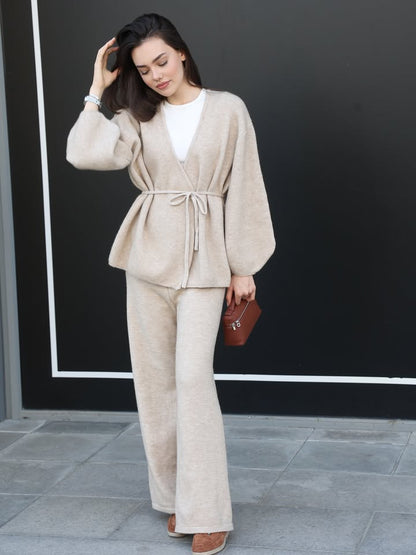 V-Neck Lantern Sleeve Cardigan + Pants Set