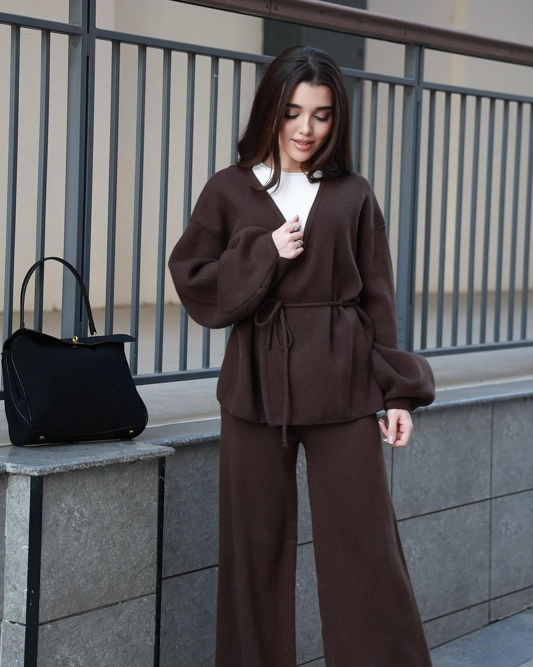 V-Neck Lantern Sleeve Cardigan + Pants Set