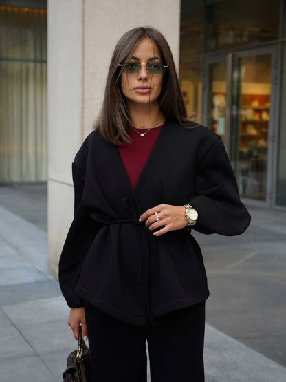 V-Neck Lantern Sleeve Cardigan + Pants Set