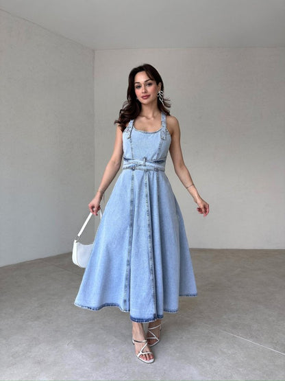 Detachable Strap Backless Denim Maxi Dress