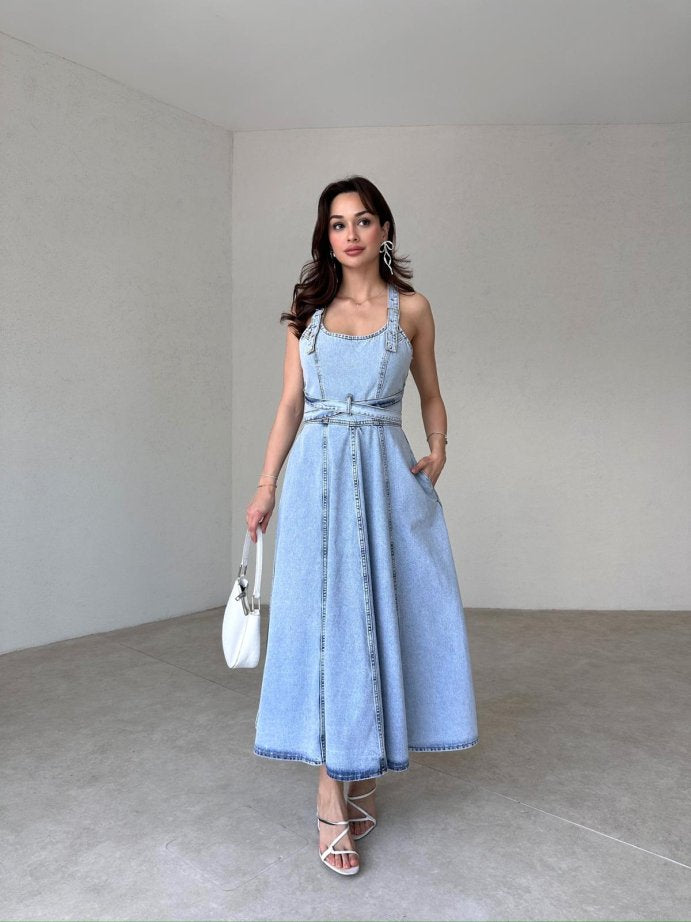 Detachable Strap Backless Denim Maxi Dress