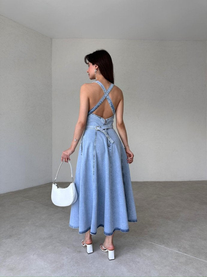 Detachable Strap Backless Denim Maxi Dress