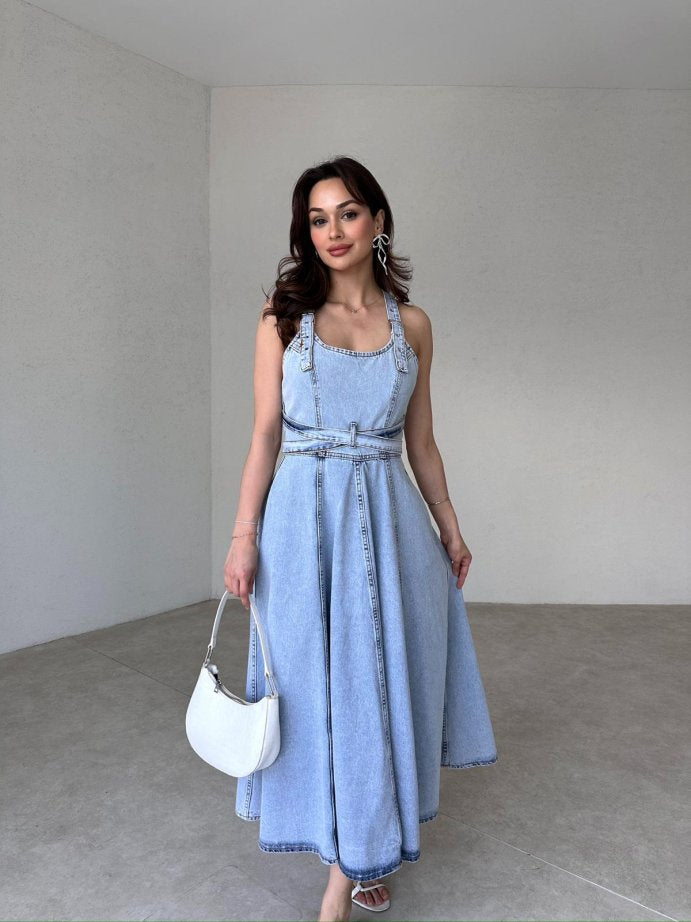 Detachable Strap Backless Denim Maxi Dress