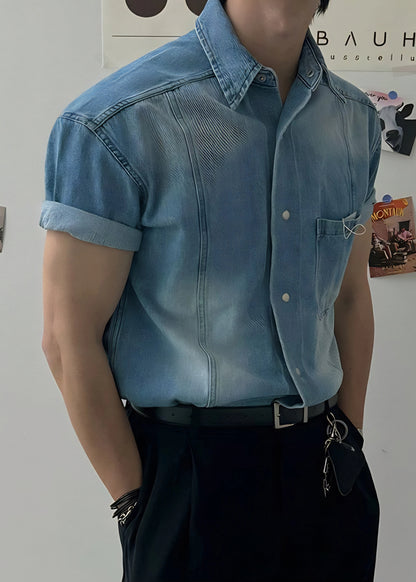 Retro Washed Short Sleeve Denim Shirt for Men