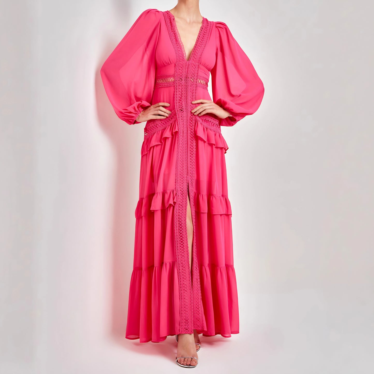 V - neck flounced maxi dress