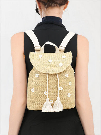 Daisy Embellished Woven Straw Backpack
