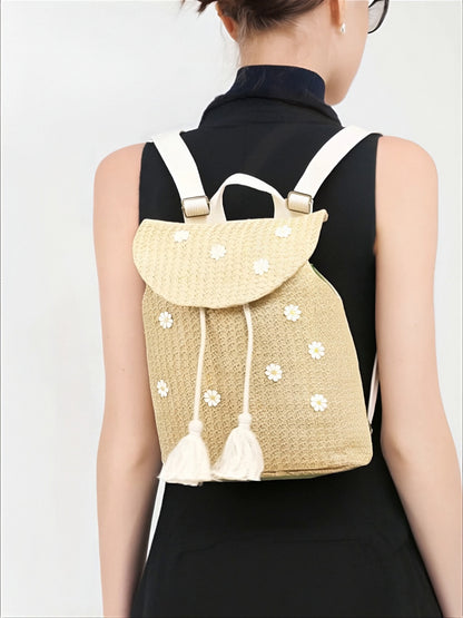Daisy Embellished Woven Straw Backpack