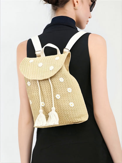 Daisy Embellished Woven Straw Backpack