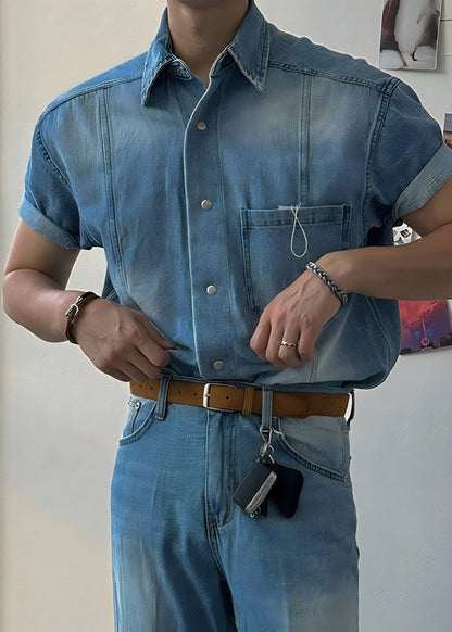 Retro Washed Short Sleeve Denim Shirt for Men