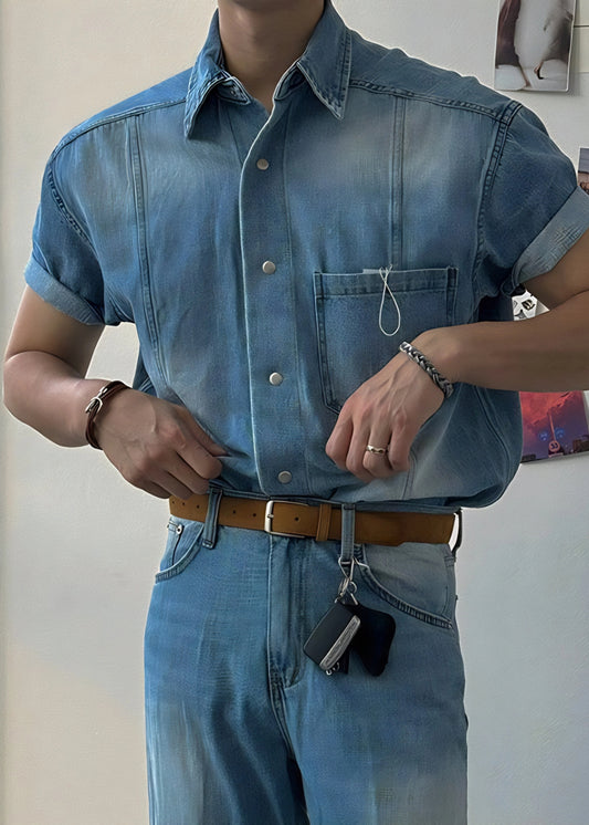 Retro Washed Short Sleeve Denim Shirt for Men