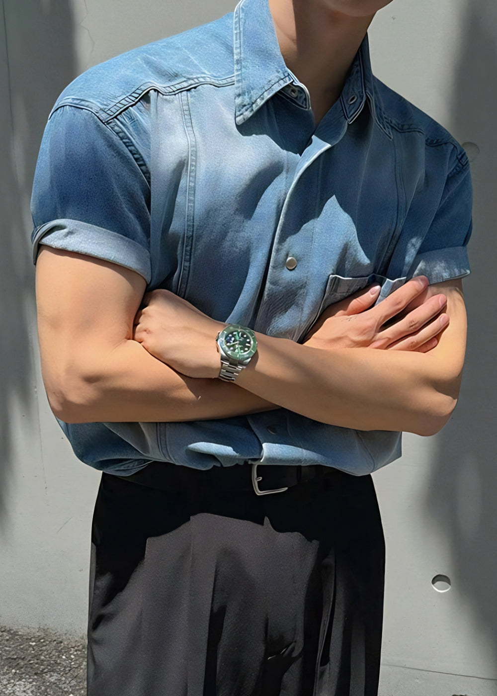 Retro Washed Short Sleeve Denim Shirt for Men