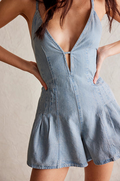 Sweet Style Sleeveless Denim Romper
