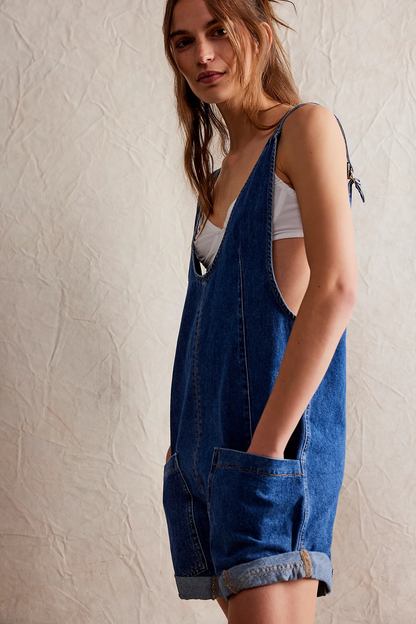 Washed Denim Romper with Adjustable Straps and Pockets