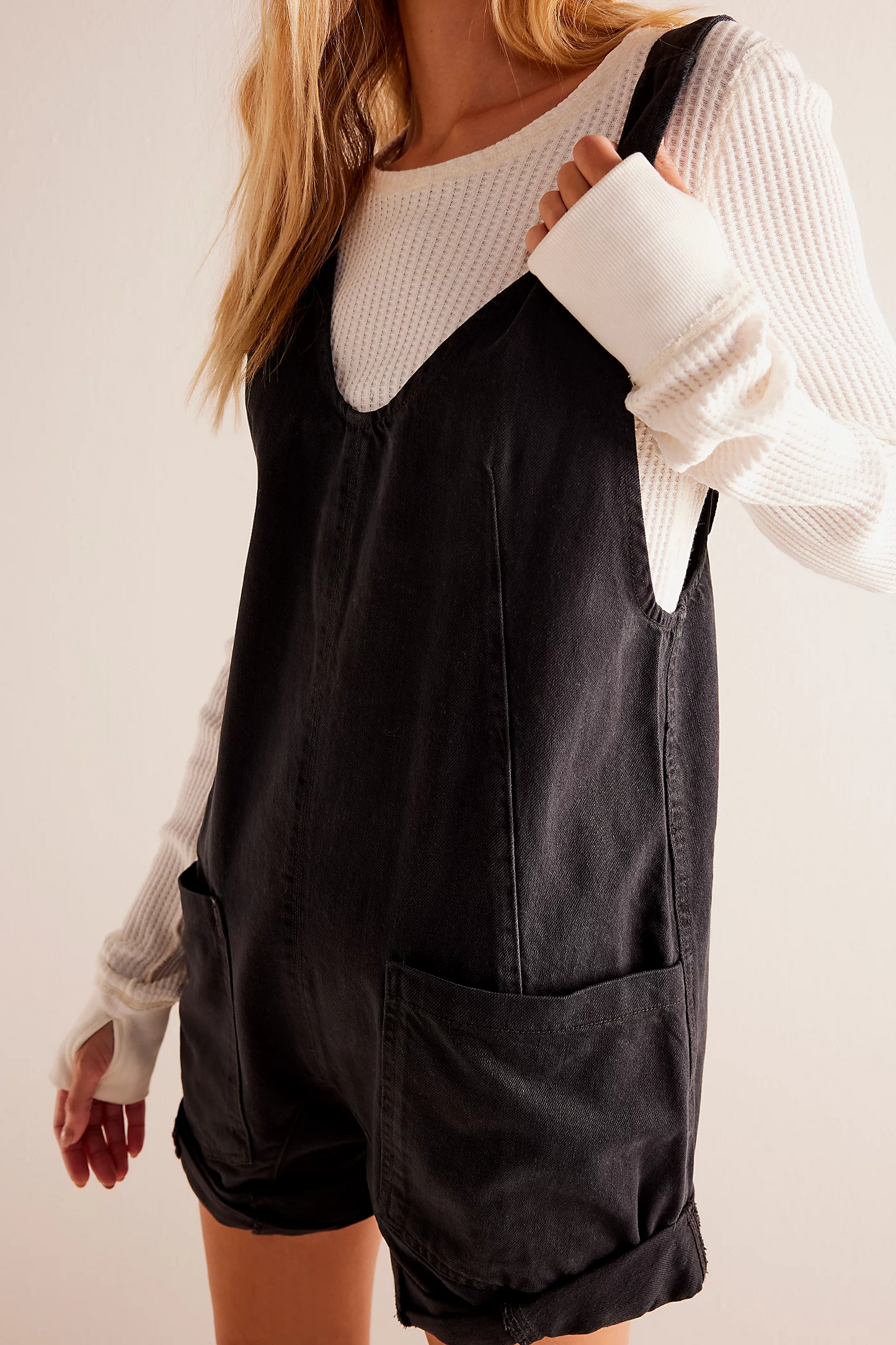 Washed Denim Romper with Adjustable Straps and Pockets