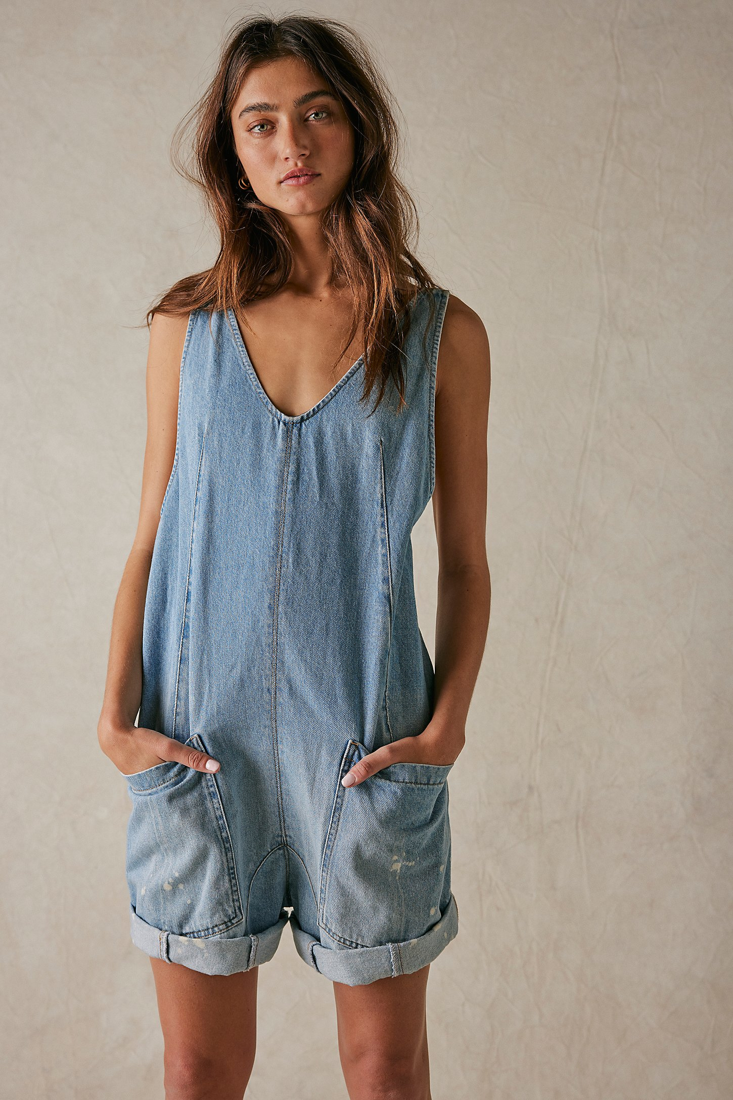 Washed Denim Romper with Adjustable Straps and Pockets