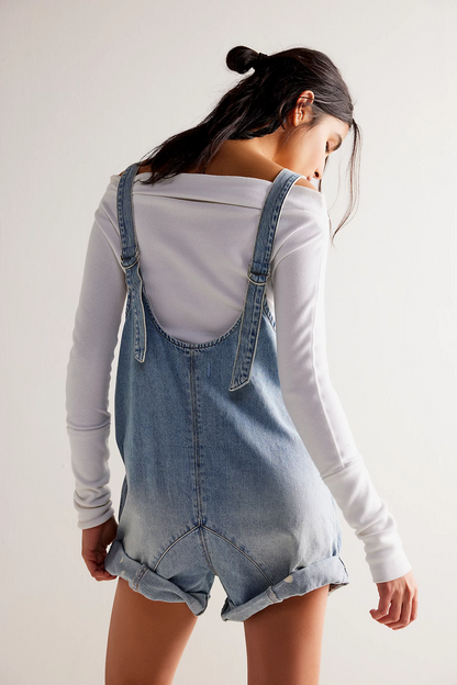 Washed Denim Romper with Adjustable Straps and Pockets